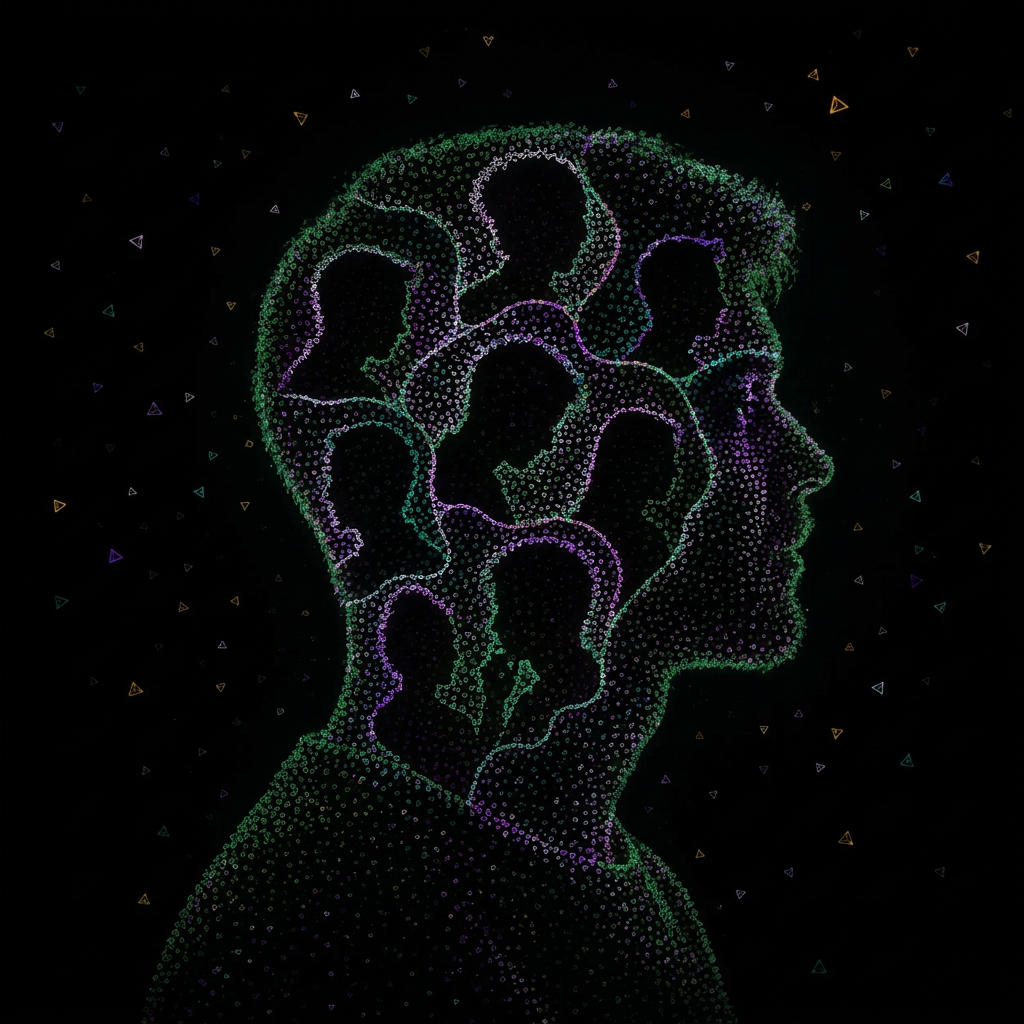 Illustration of a human profile made of colorful silhouettes and strokes on a black background